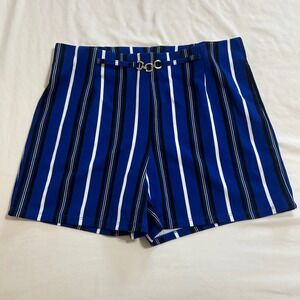 Messini Womens Blue Striped High Waisted Shorts Gold Hardware Detail Size M